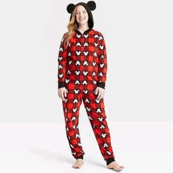 NEW Disney 100 Mickey Hooded Adult Zippered Onsie, Red & Black Checkered Size S - Picture 1 of 9